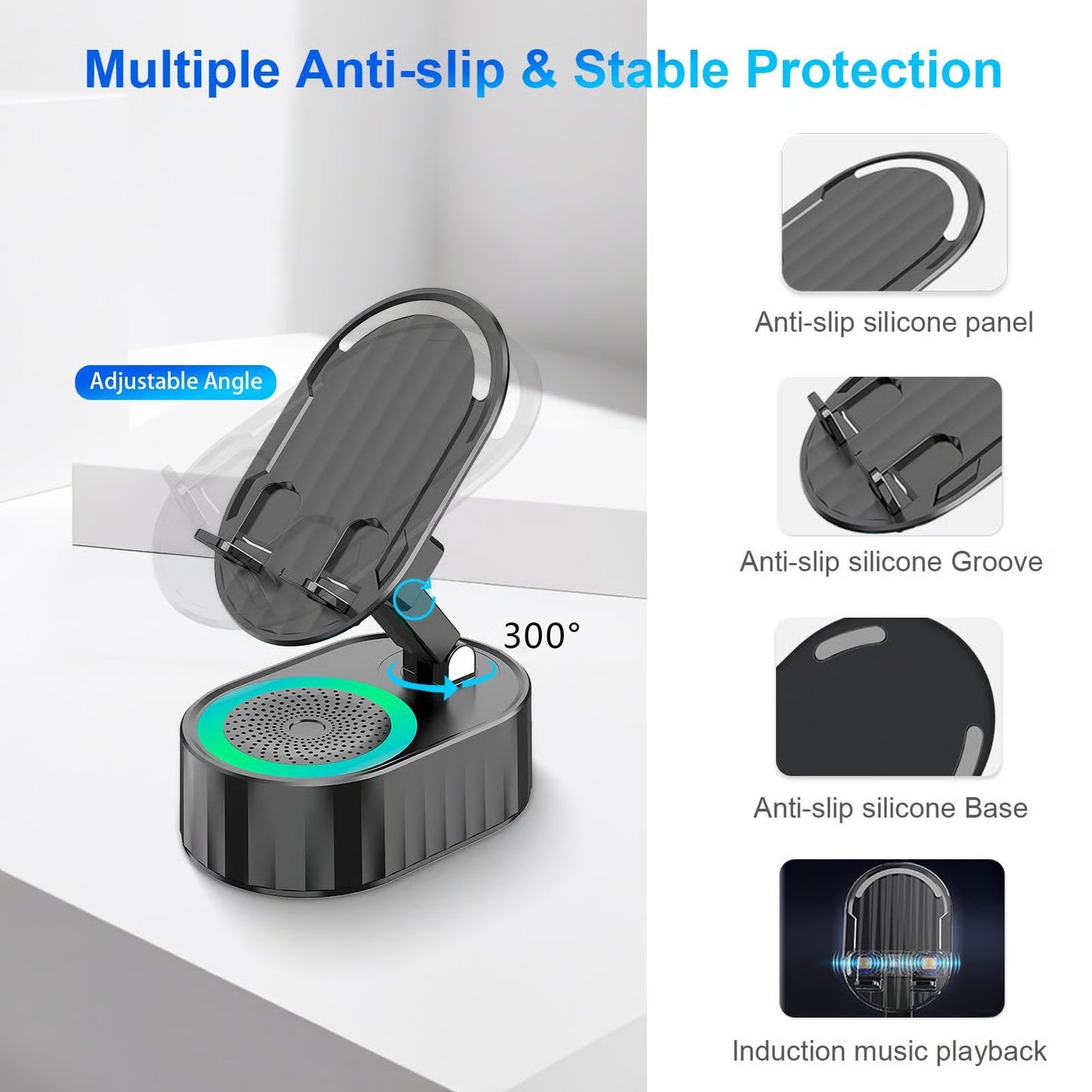 Upgraded Cell Phone Stand with Induction Speaker/Power Bank/Atmosphere Light