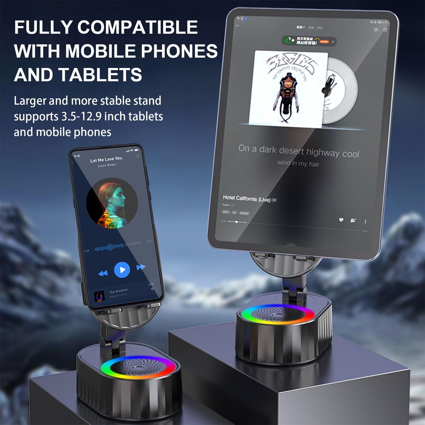 Upgraded Cell Phone Stand with Induction Speaker/Power Bank/Atmosphere Light